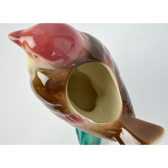 Vintage Royal Copley Kinglet Bird On a Branch Planter Red Beige Yellow Green - Picture 10 of 11